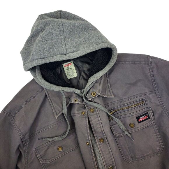 DICKIES Jacket Mens Large 42/44 Gray Hooded Outdoor Workwear Canvas Fleece Lined - Picture 2 of 11